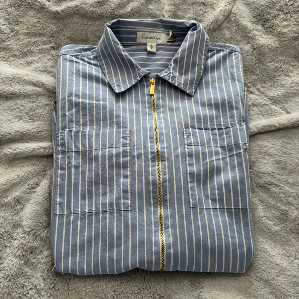 Calvin Klein Light Blue Striped Zip Shirt